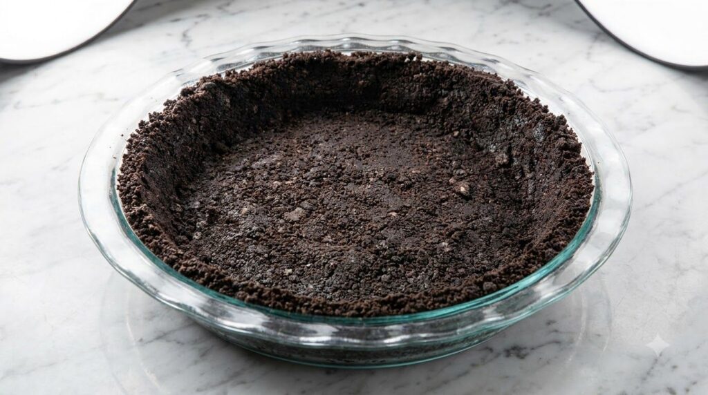 A dark rich Oreo cookie pie crust in a glass pie dish pressed firmly and ready for a no-bake filling