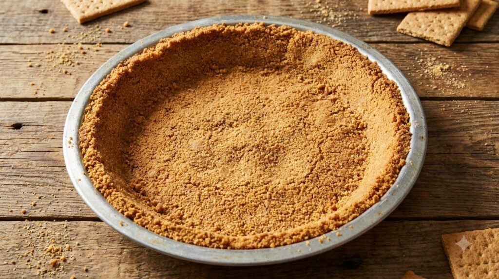 A golden brown graham cracker pie crust evenly pressed into a metal pie pan with a slight toasted sheen