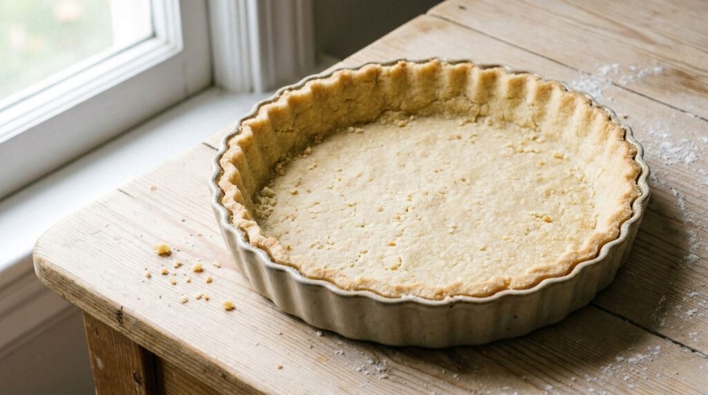 A pale golden shortbread pie crust with a delicate texture lightly baked in a tart pan with fluted edges