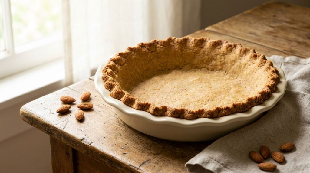 A light brown rustic gluten-free almond flour pie crust in a ceramic pie dish with a slightly textured edge