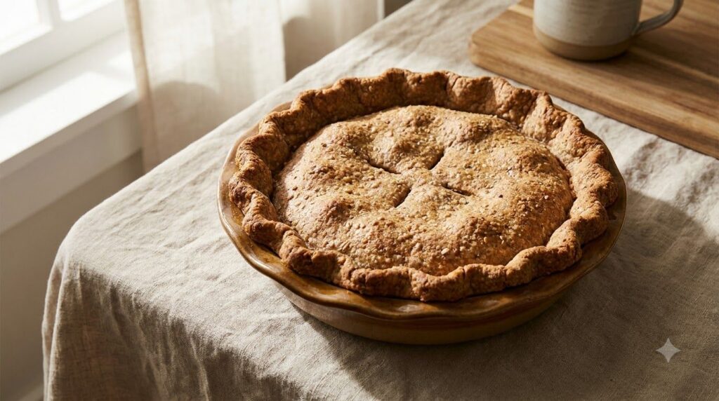 A rustic slightly darker whole wheat pie crust showing a hearty texture baked in a deep-dish pie plate