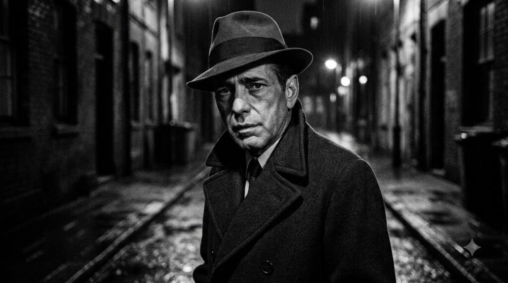 A black and white portrait of Humphrey Bogart wearing a trench coat and fedora looking intensely at the camera