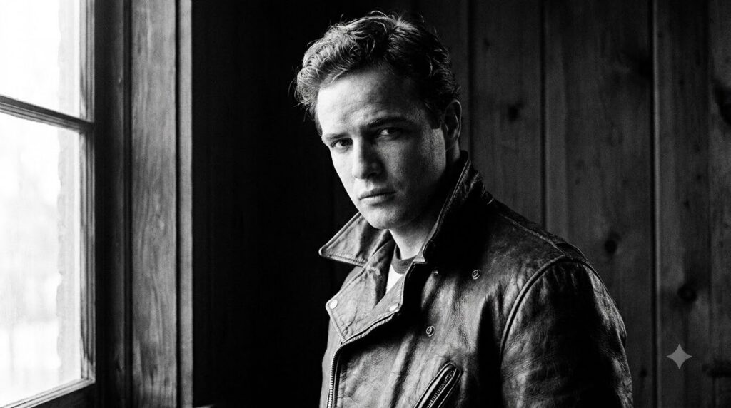 A black and white portrait of Marlon Brando from his early career looking intense and rebellious