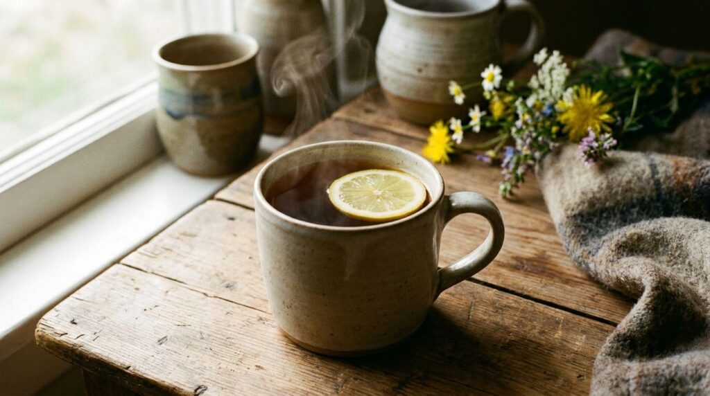 A steaming cup of freshly brewed dandelion root tea perhaps with a slice of lemon on a rustic wooden table