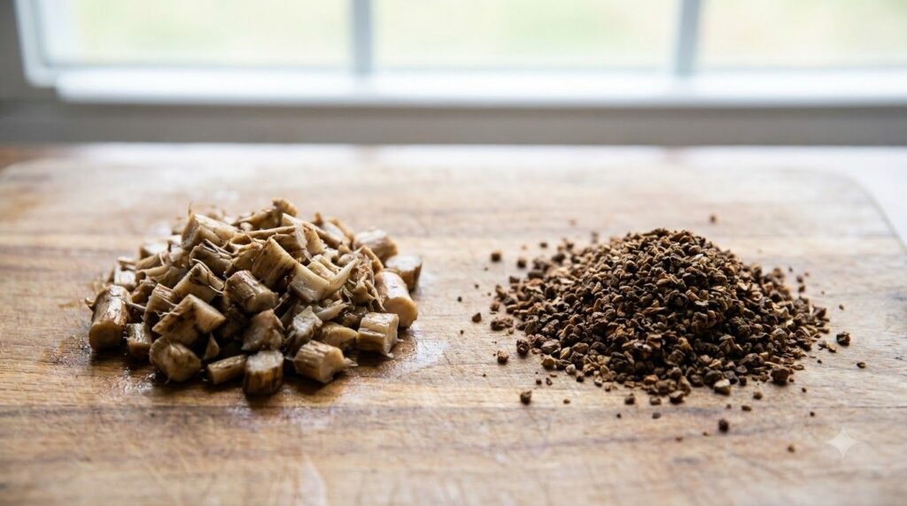 A small pile of cleaned chopped fresh dandelion roots next to a pile of dried granulated dandelion root showing the diff