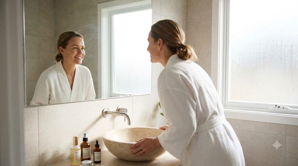 Woman with smooth radiant skin after using a beauty mask