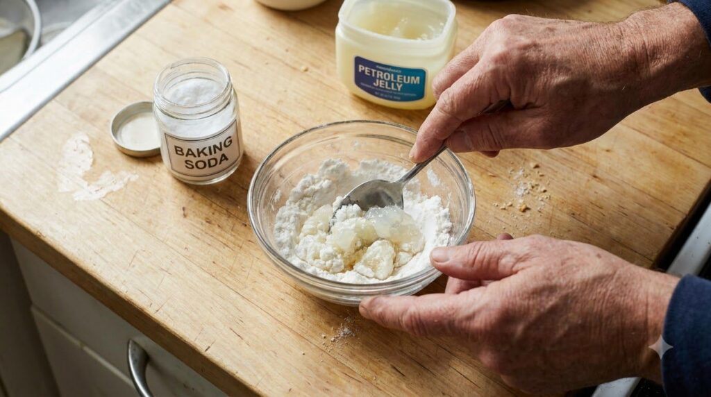 Mixing baking soda and Vaseline in a bowl