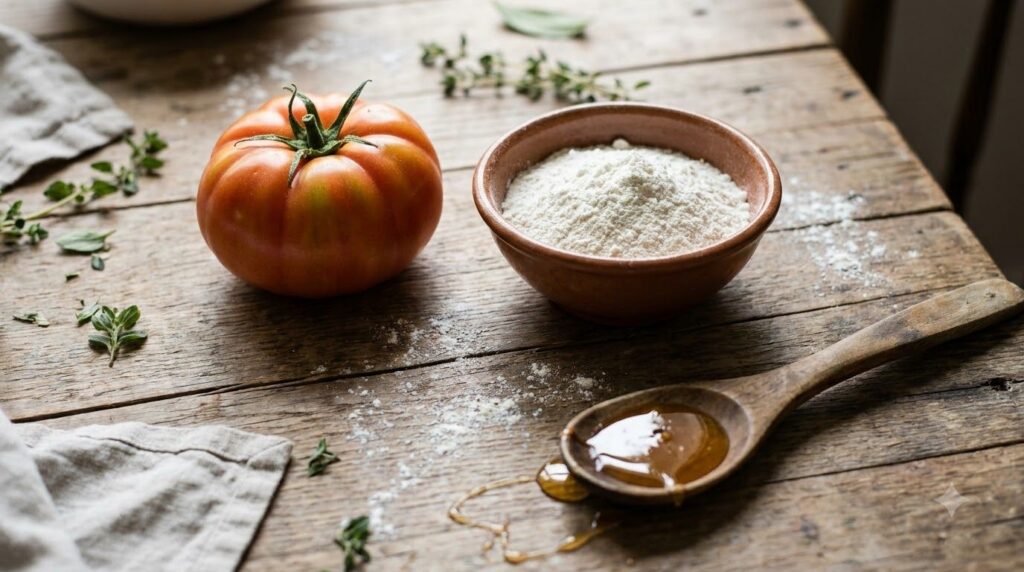 Ingredients laid out a whole ripe tomato a small bowl of white rice flour and a spoon with golden honey on a rustic wood