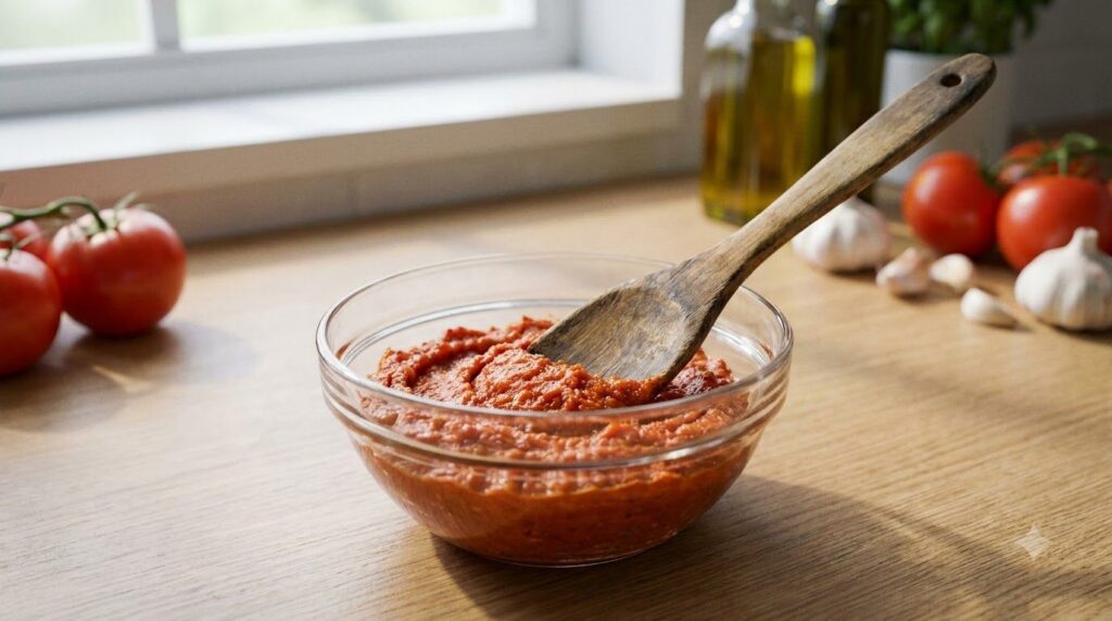 A small glass bowl containing a freshly mixed reddish-orange tomato paste with a wooden spatula resting in it ready for 