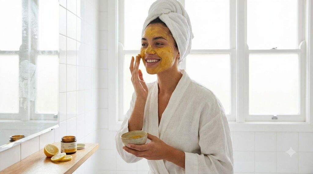 A woman gently applying a yellow turmeric and lemon face mask to her clean face with her fingertips in a well-lit bathro