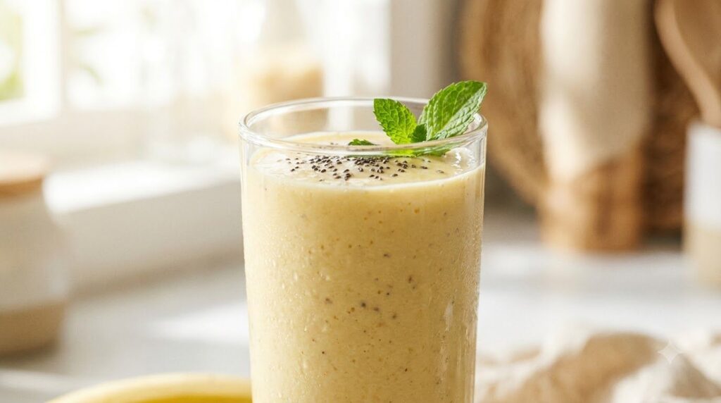 A tall clear glass filled with a creamy pale yellow banana smoothie topped with a few chia seeds or a mint leaf ready to