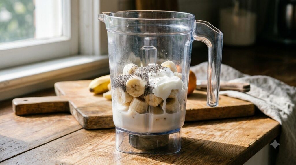All smoothie ingredients including frozen banana slices milk Greek yogurt and chia seeds neatly arranged in a high-speed