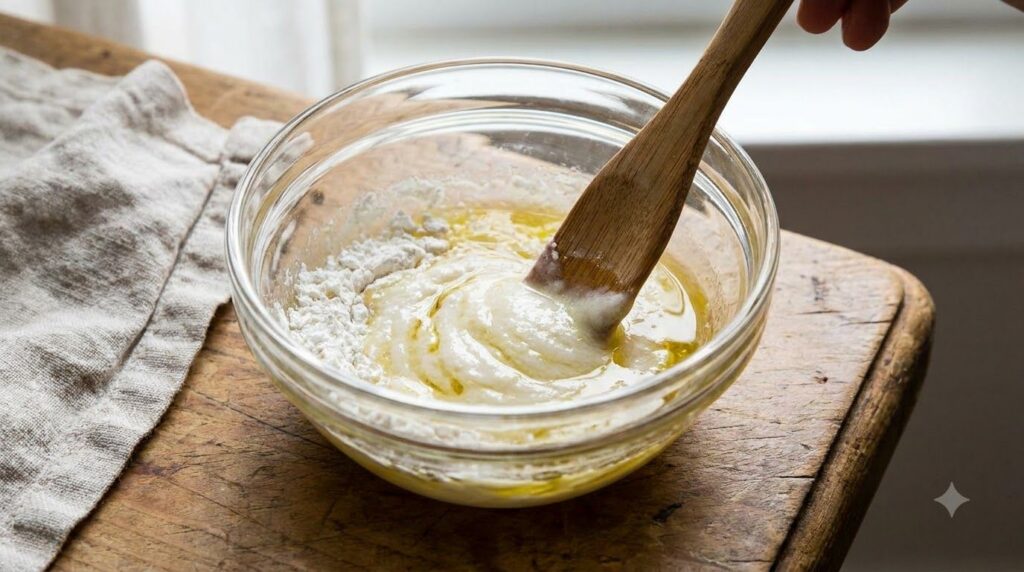 A small bowl showing finely crushed aspirin powder being mixed with baby oil to form a smooth paste