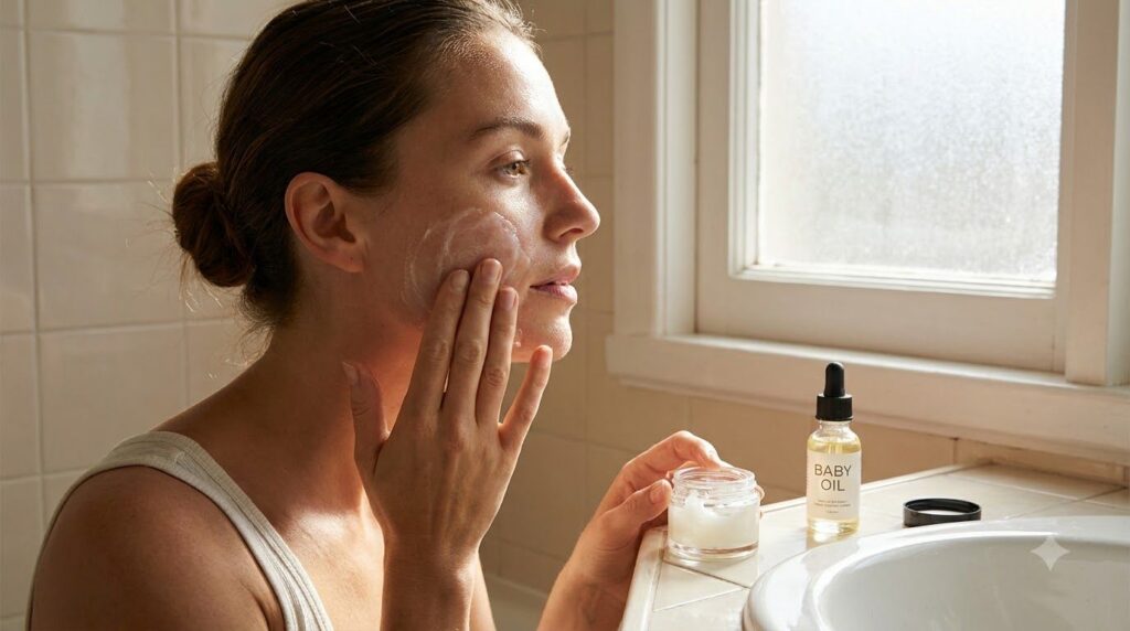 A woman gently applying the aspirin and baby oil gel to her face with a focus on her clean skin and the soft texture of 