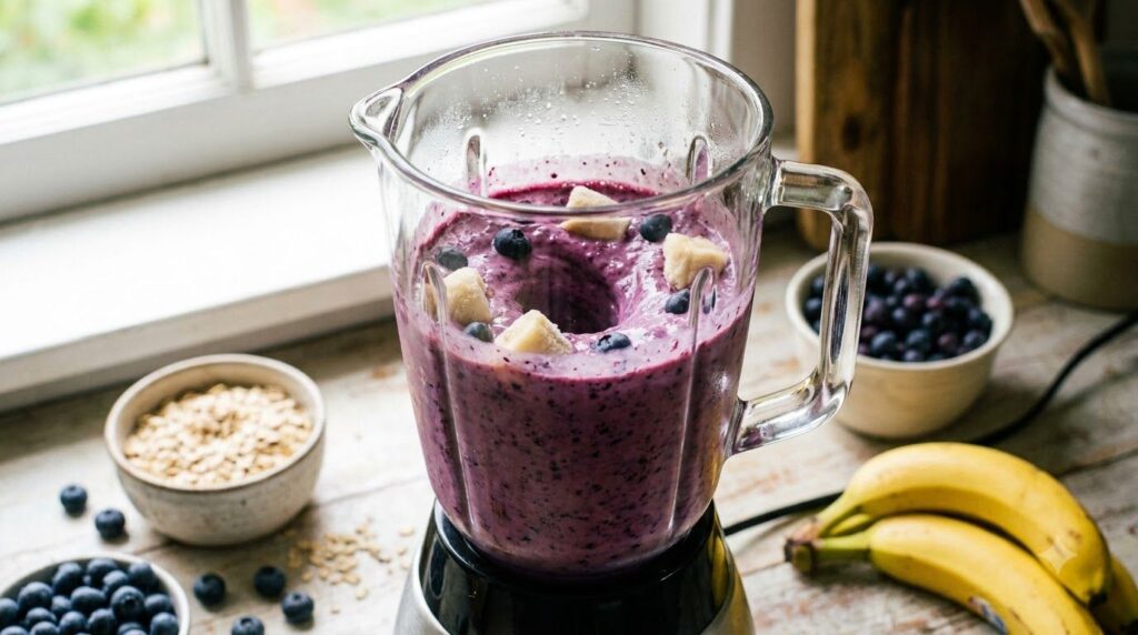 A blender in action with the blueberry banana smoothie being blended showing a swirling vibrant purple mixture