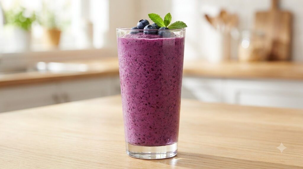 A vibrant purple blueberry banana smoothie in a tall glass garnished with a few fresh blueberries and a mint leaf on a l