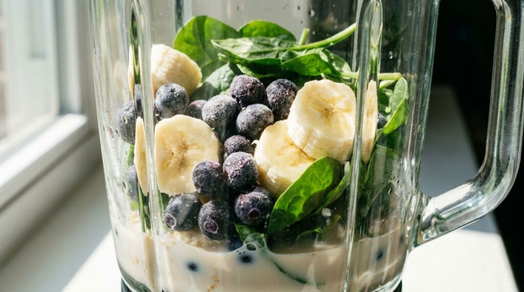 A close-up of a blender filled with fresh ingredients sliced banana frozen blueberries a handful of spinach and some liq