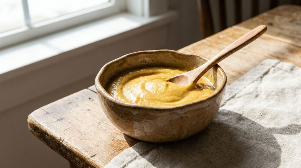 A close-up of a small bowl containing a smooth golden-yellow paste representing the mixed anti-aging face mask