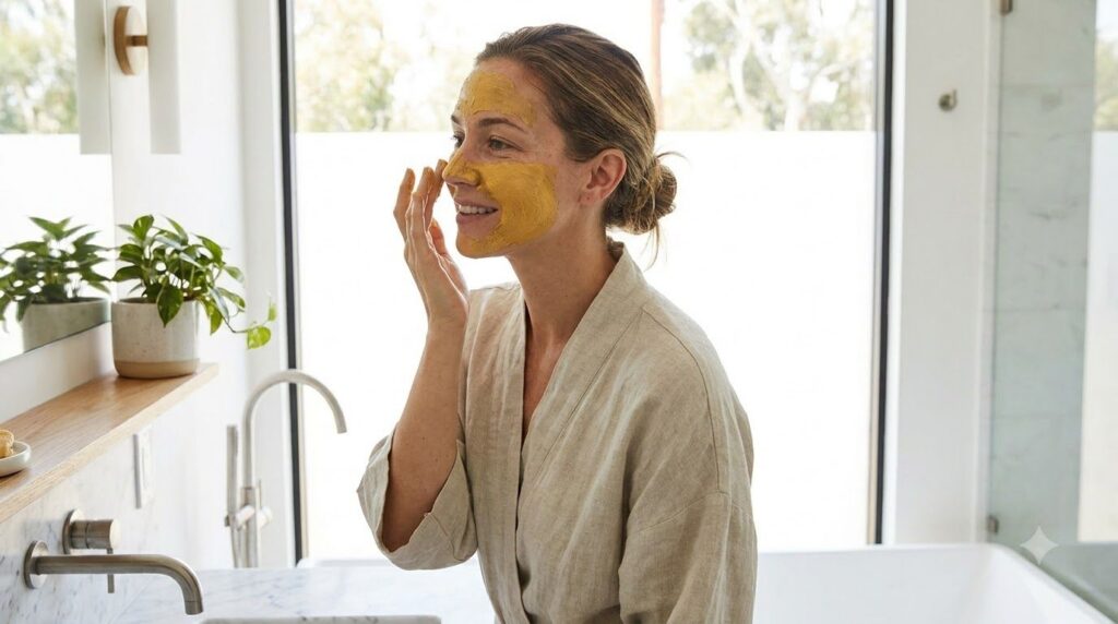 A woman gently applying a homemade turmeric and honey mask to her face with her fingertips in a brightly lit bathroom