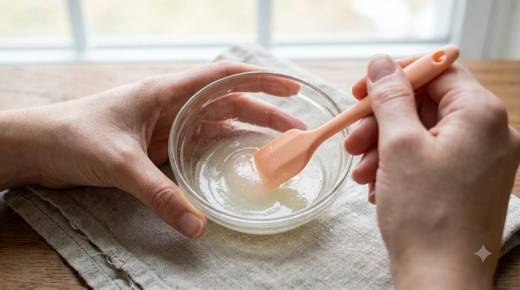 Hands mixing melted Vaseline baby oil and vitamin E oil in a small bowl with a mini spatula The mixture is glossy and sm