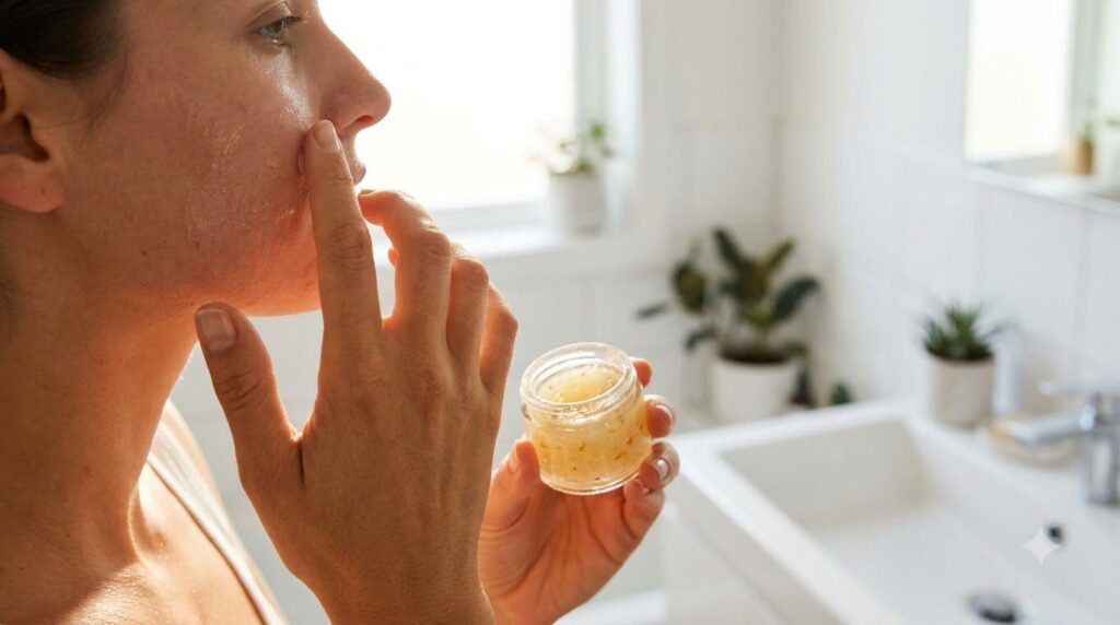 A woman gently applying the homemade glow gel to her cheek demonstrating the smooth application Her skin looks hydrated