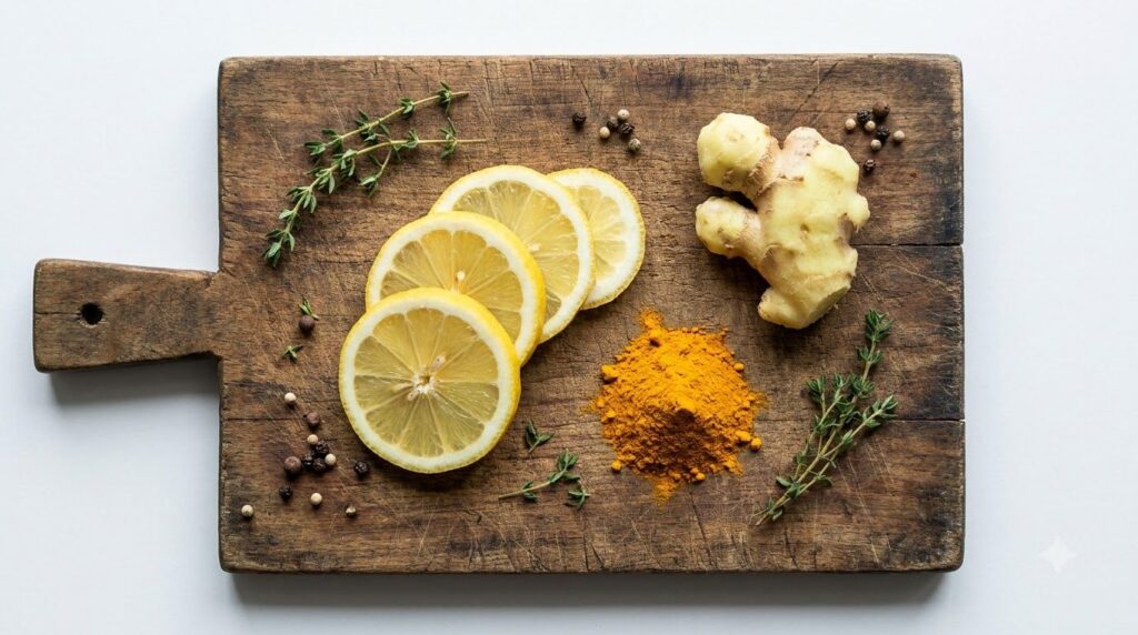 Fresh ingredients sliced lemon peeled ginger root and a small pile of turmeric powder on a wooden board