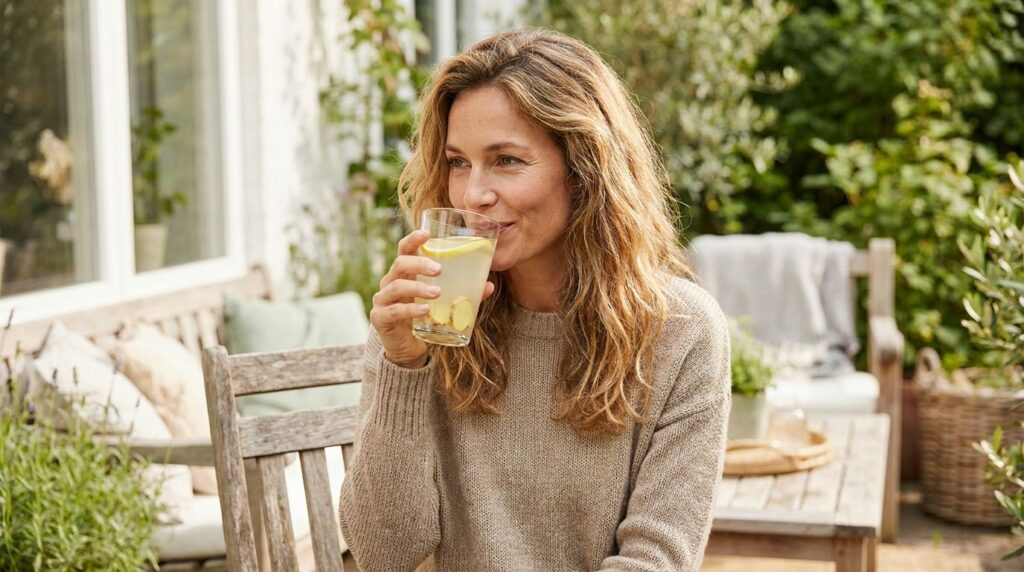 A woman gracefully holding and sipping from a glass of the beauty drink with a soft natural backdrop