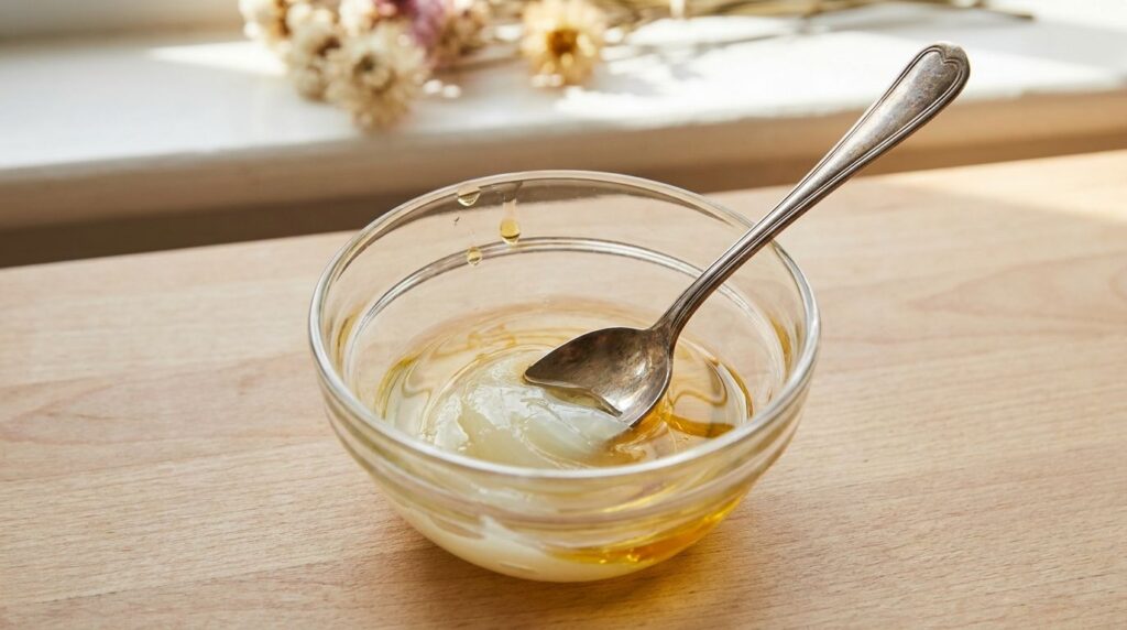 Close-up of a small bowl with petroleum jelly and vitamin E oil being mixed with a spoon