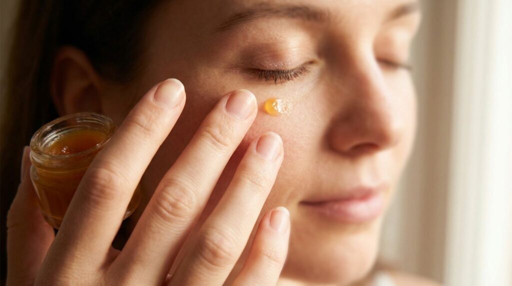 A hand applying a small amount of the homemade balm to a clean face focusing on fine lines around the eyes