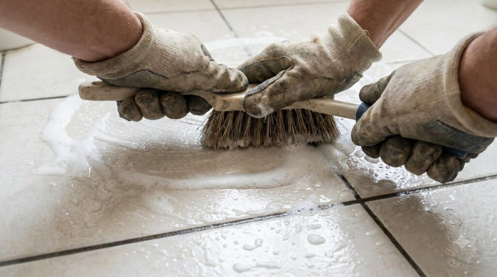 A close-up of a person s hands holding a broom scrubbing the foamy cleaning solution into the grout lines of a bathroom