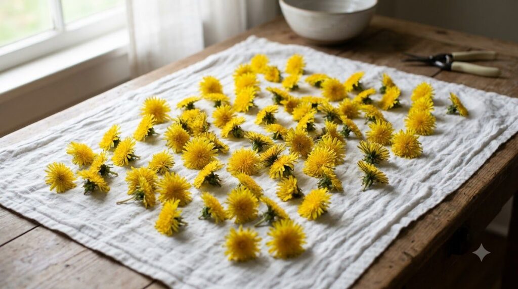 Freshly harvested dandelion blooms laid out on a clean cloth gently wilting or air-drying before use in remedies