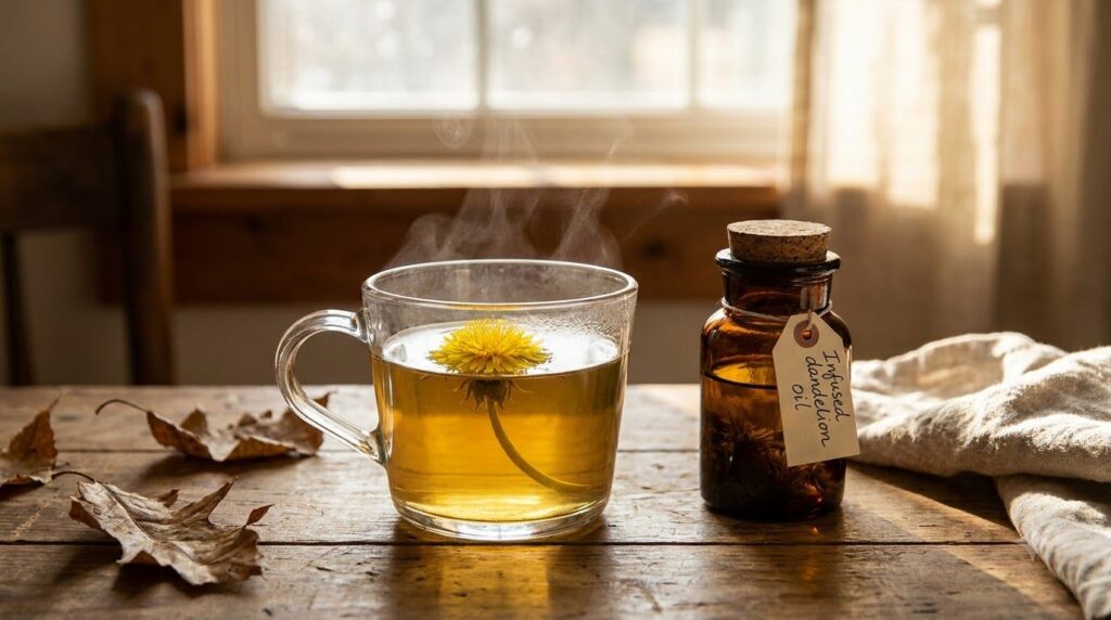 A clear glass mug of dandelion bloom tea with a few fresh blooms as garnish alongside a small amber jar of dandelion inf