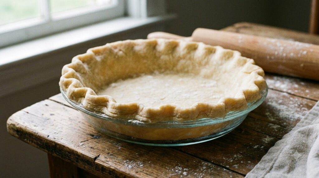 A beautifully crimped unbaked pie crust in a pie dish ready for filling showcasing its flaky texture on a rustic wooden 