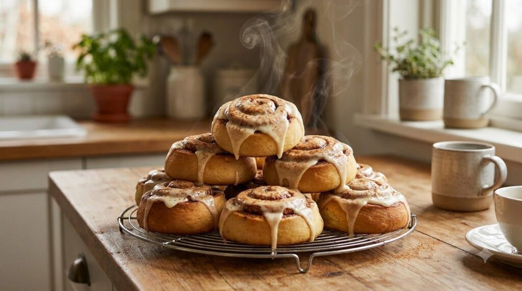 Warm freshly baked cinnamon rolls with generous cream cheese frosting stacked on a cooling rack with steam gently rising