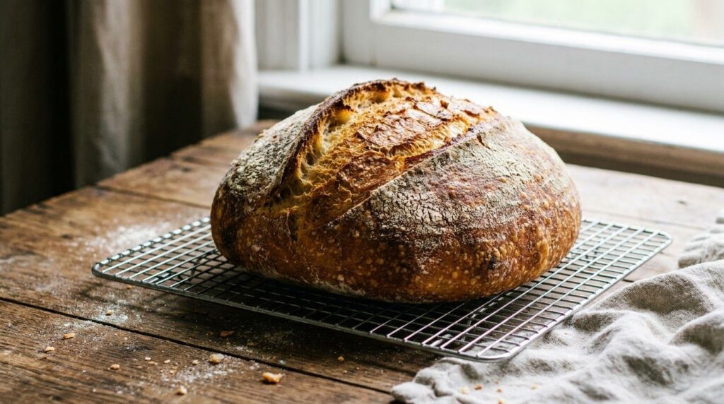 A perfectly baked rustic loaf of artisanal bread with a golden-brown crust and a dusting of flour resting on a wire rack