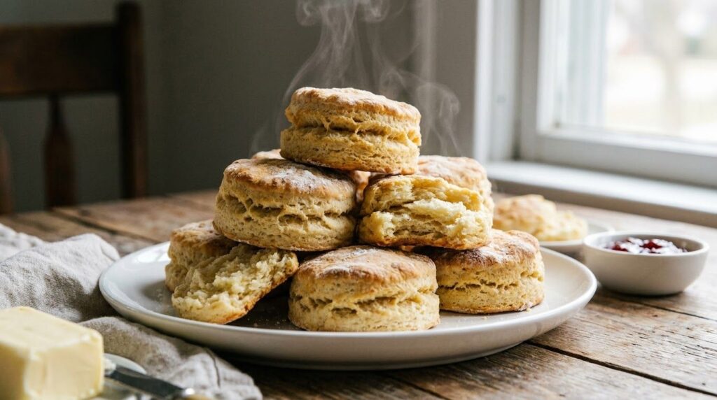 A stack of warm golden-brown buttermilk biscuits on a white plate with a slightly crumbly texture ready to be served