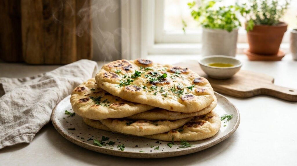 Warm freshly cooked flatbreads slightly puffed and golden stacked on a serving plate with a sprinkle of herbs ready to b