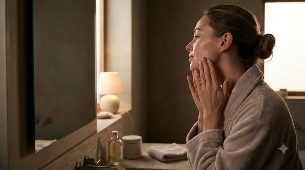 A woman gently massaging a small amount of gel onto her clean face and neck during her nighttime routine in a soft calm 