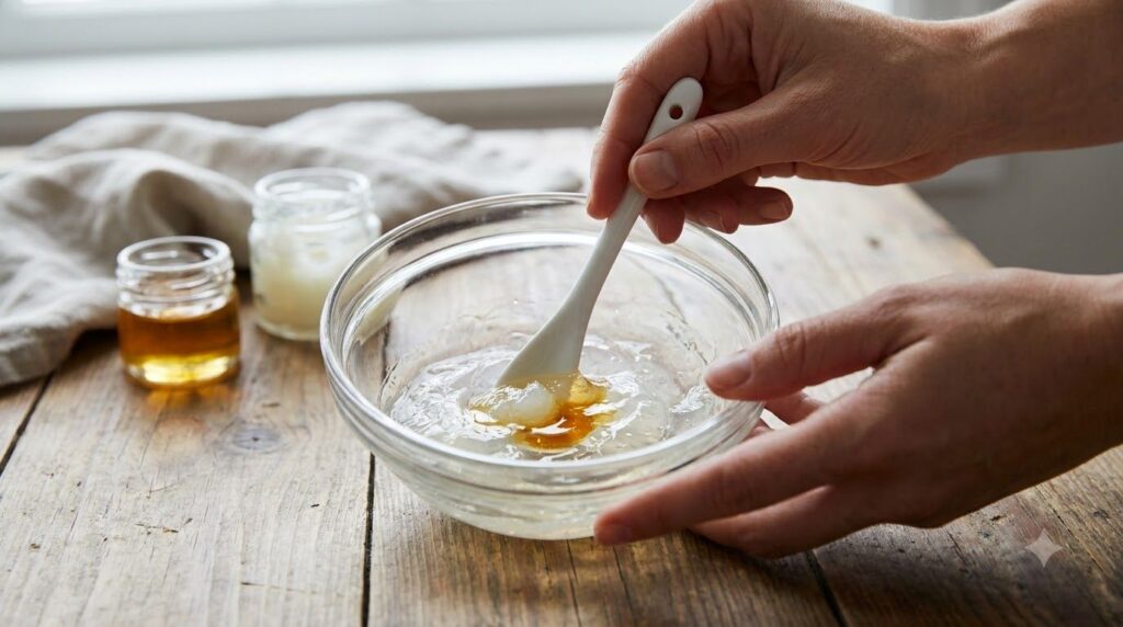 A person s hands gently mixing Vaseline Vitamin E oil and aloe vera gel in a small bowl with a spatula showing the cream