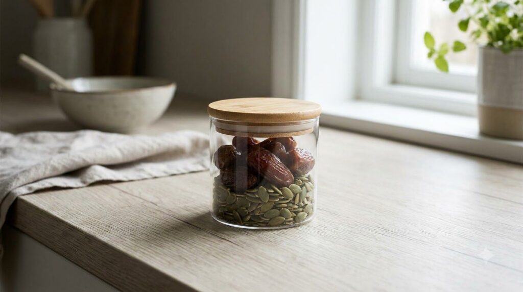 A small clear container filled with a mixture of dates and pumpkin seeds ready for a quick healthy snack on the go