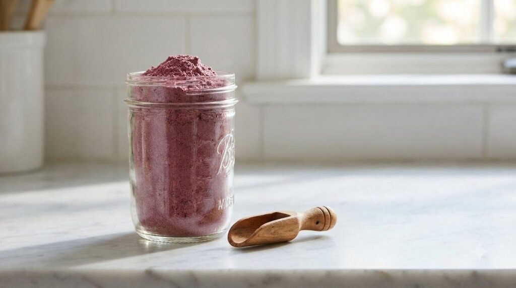 A glass jar filled with the vibrant pink beauty powder with a wooden spoon resting beside it on a minimalist kitchen cou