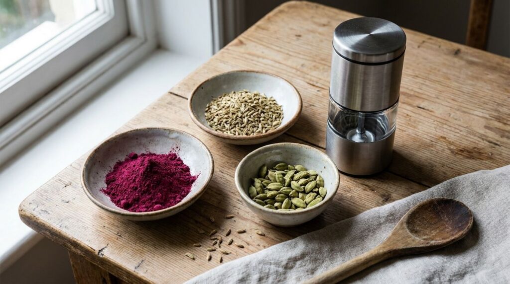 Various bowls containing beetroot powder whole fennel seeds and green cardamom pods on a wooden surface with a spice gri