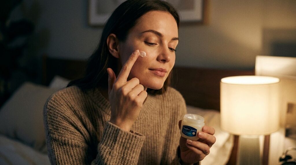A woman gently dabbing a small amount of the Vaseline combo onto her cheekbone near her eye demonstrating careful nightt