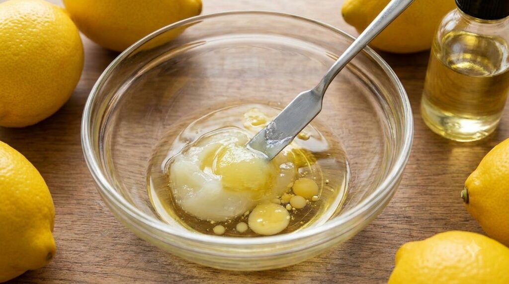 Close-up of a small glass bowl where Vaseline a few drops of lemon juice and almond oil are being mixed together with a 