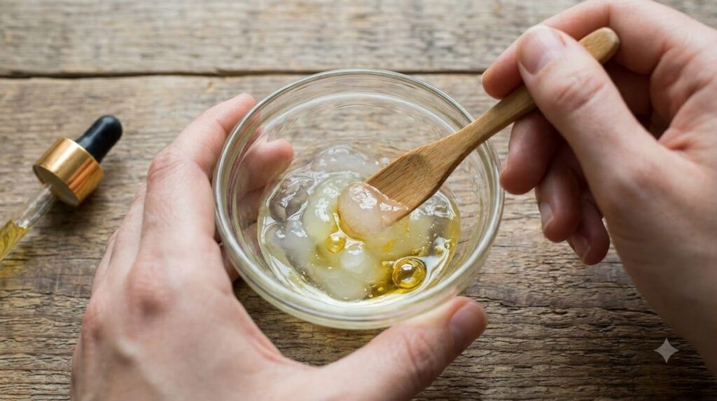Close-up of hands mixing Vaseline aloe vera gel and vitamin E oil in a small glass bowl with a tiny spatula ingredients 