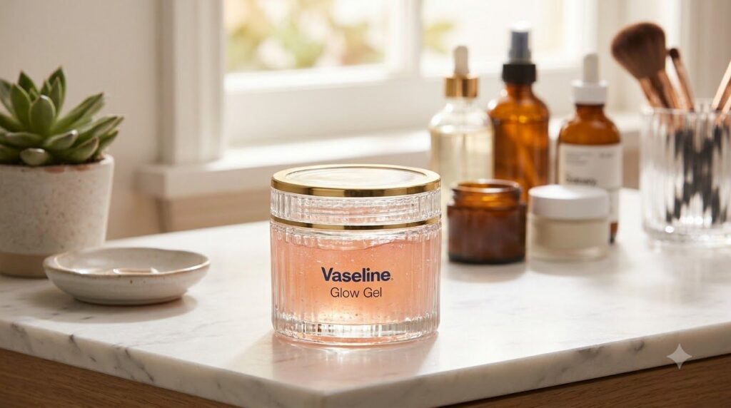 A small elegant glass jar of the finished Vaseline Glow Gel placed on a clean vanity with a soft focus background of ski