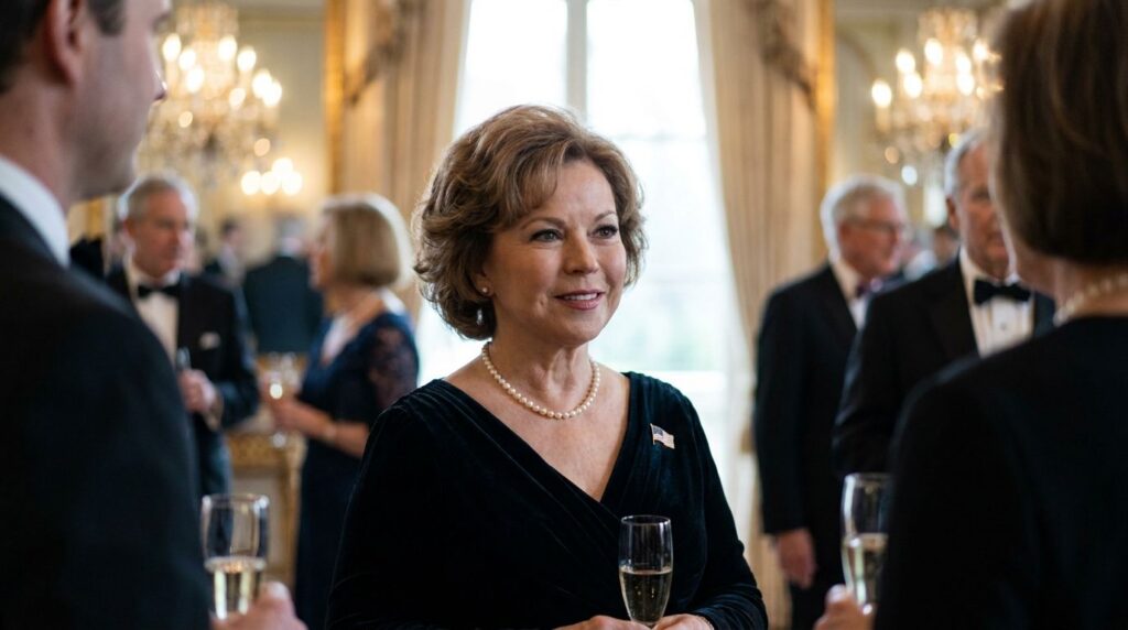 A sophisticated portrait of Shirley Temple as a young adult or diplomat looking composed and intelligent perhaps with a 