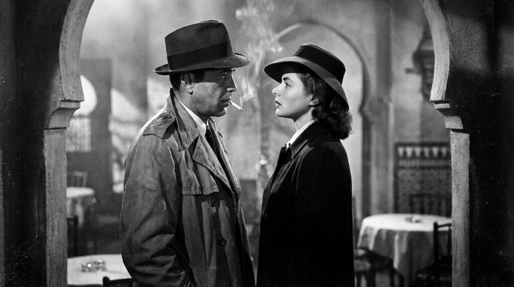 Humphrey Bogart in a scene from Casablanca wearing a fedora and trench coat with Ingrid Bergman beside him