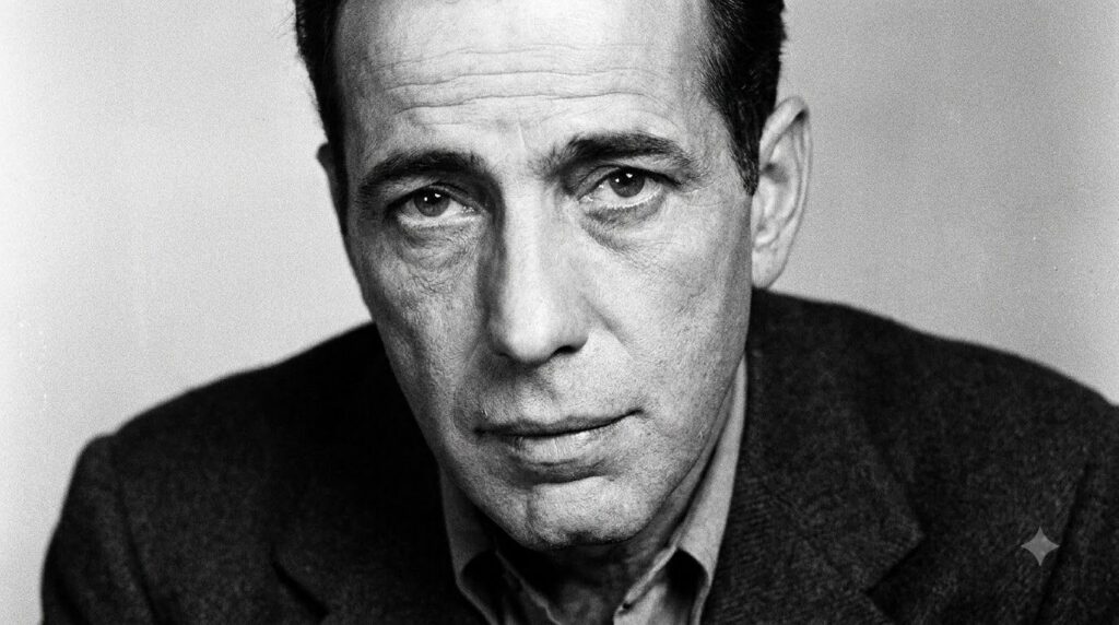 A classic black and white portrait of Humphrey Bogart