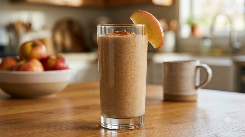 A vibrant Apple Oat Smoothie poured into a clear glass garnished with a sprinkle of cinnamon and a slice of fresh apple